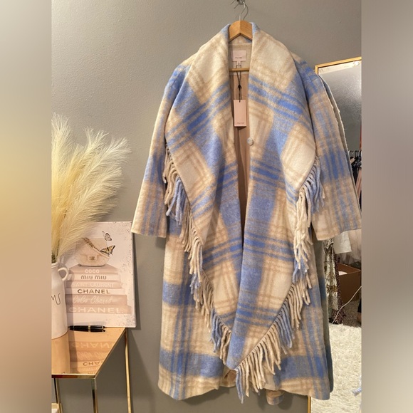 CINQ A SEPT
Lita Plaid Shawl-Collar Fringe Coat - Picture 5 of 9